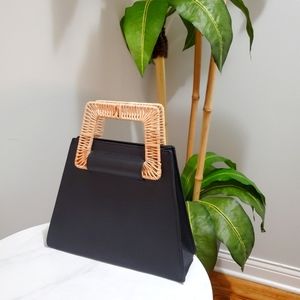 NWOT A New Day Black Faux Leather Frame Bag Raffia Wrap Handles Geometric Purse